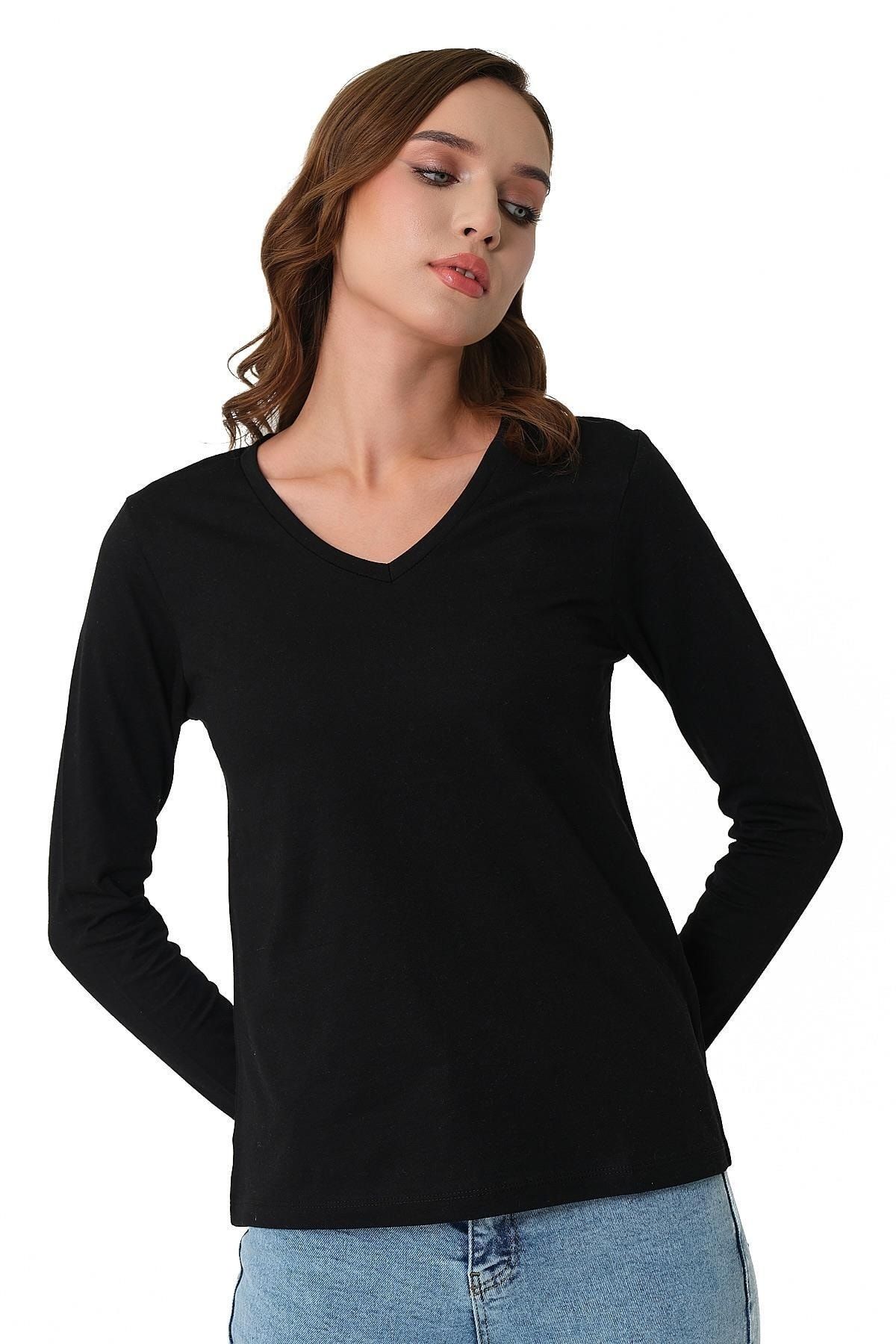 Kadın Uzun Kollu V Yaka Basic Pamuklu Örme T-shirt Kadın Uzun Kollu V Yaka Basic Pamuklu Örme T-shirt