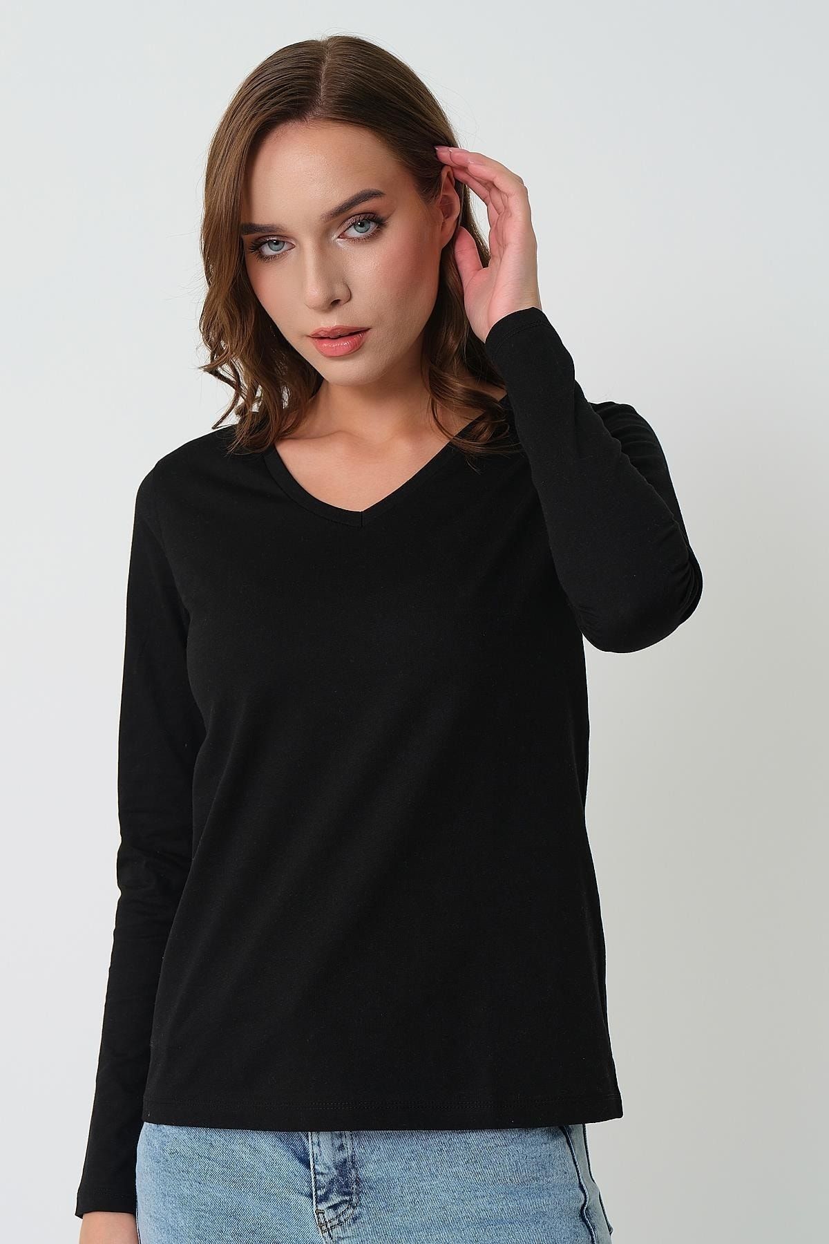 Kadın Uzun Kollu V Yaka Basic Pamuklu Örme T-shirt Kadın Uzun Kollu V Yaka Basic Pamuklu Örme T-shirt