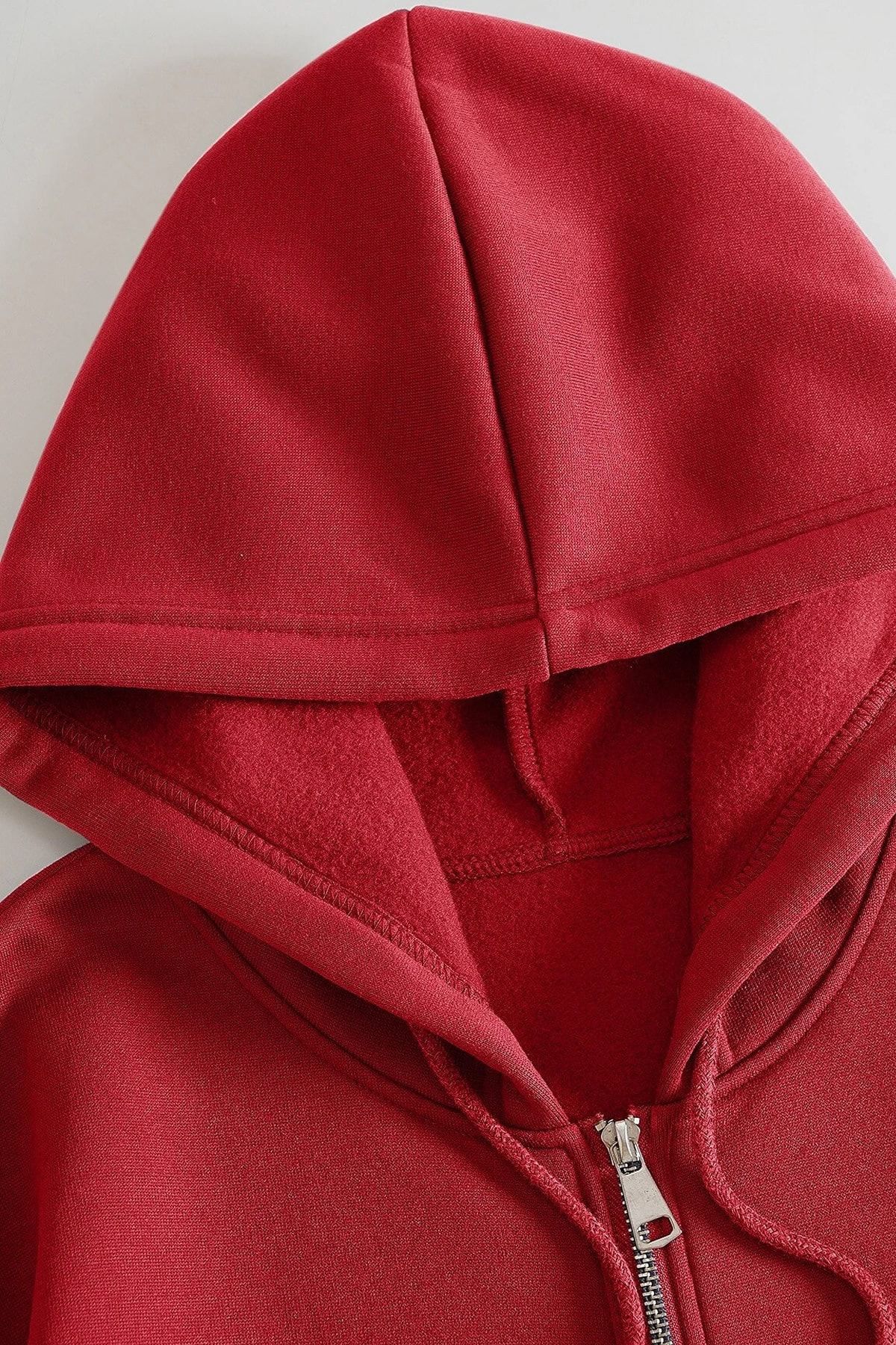 Kırmızı Pamuk Fermuarlı Unisex Oversize Hırka