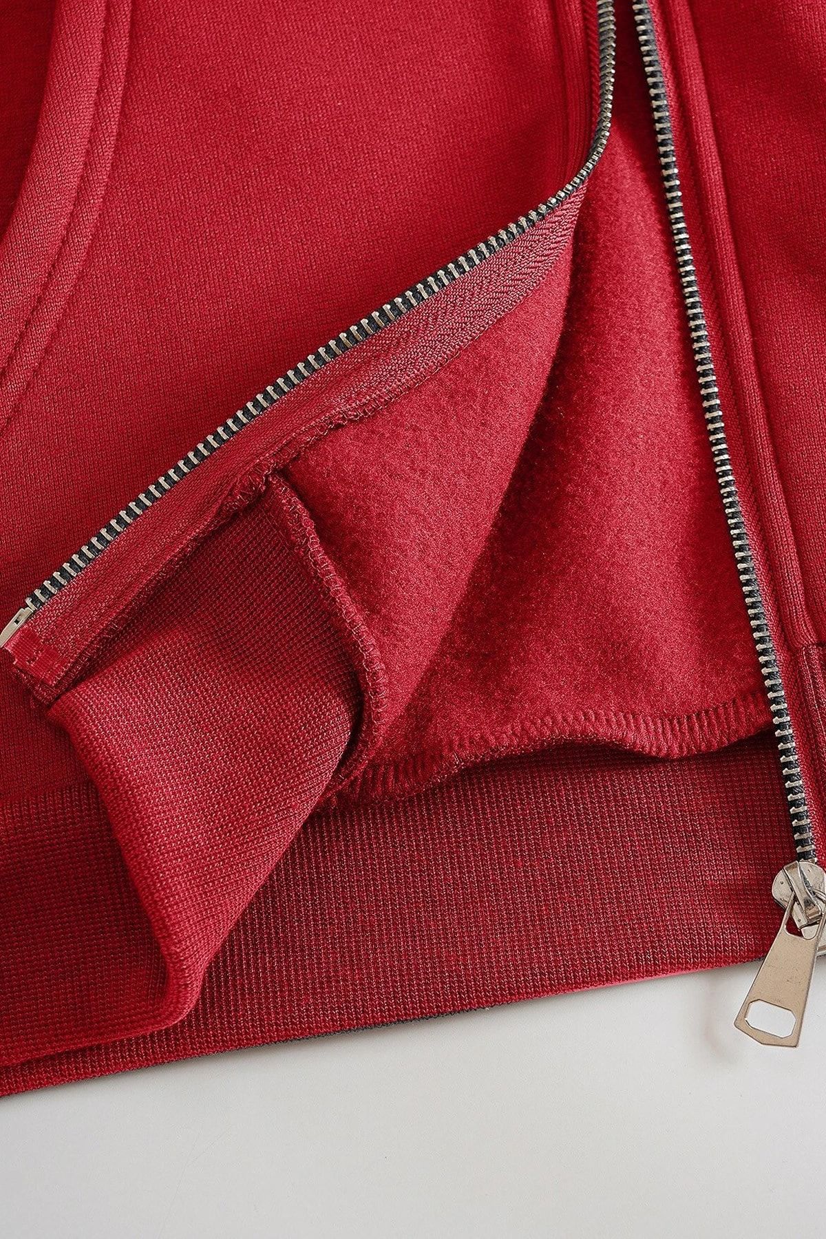 Kırmızı Pamuk Fermuarlı Unisex Oversize Hırka
