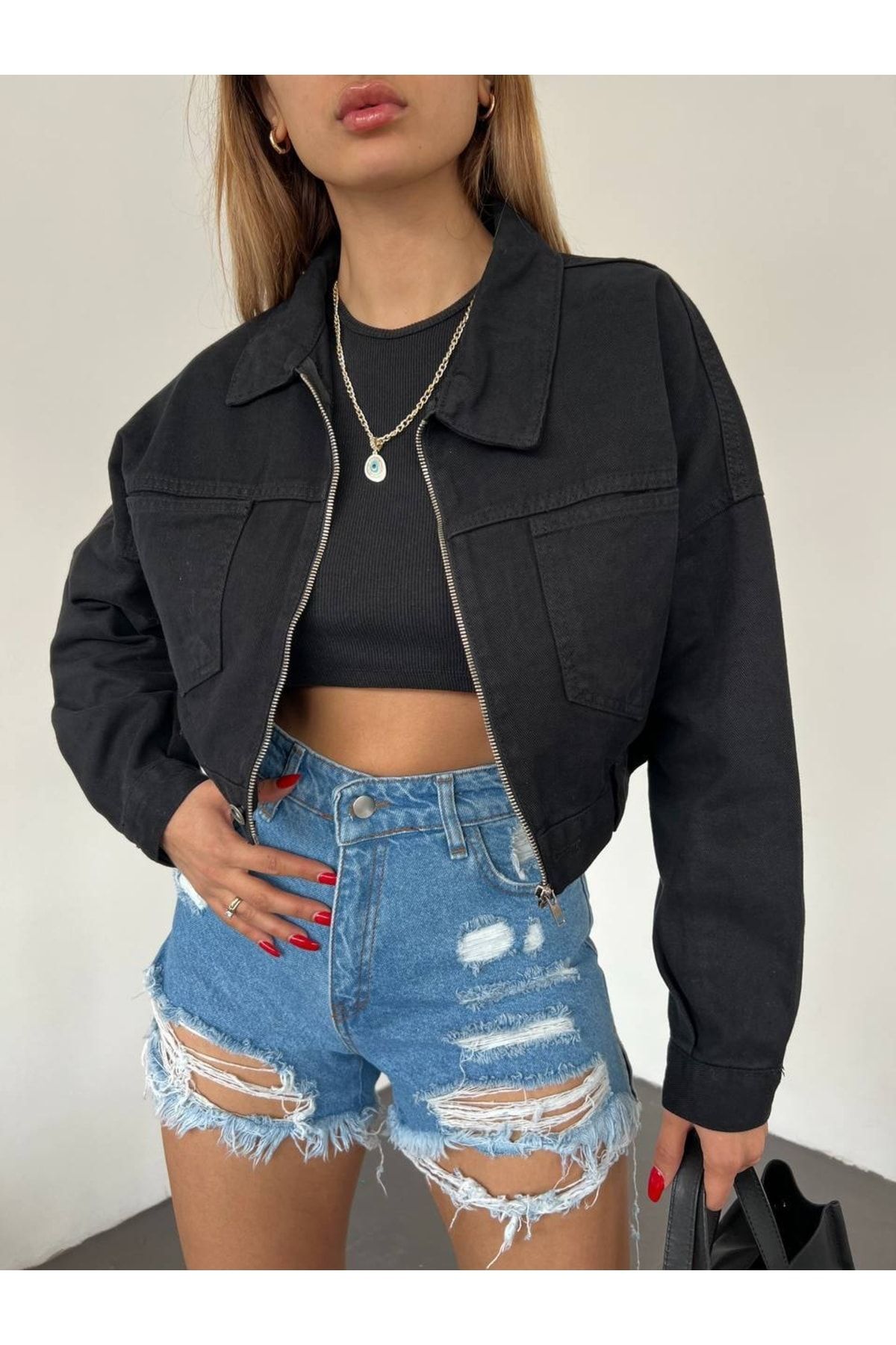 Kadınfermuarlı Çift Cepli Denim Ceket—siyah Kadınfermuarlı Çift Cepli Denim Ceket—siyah