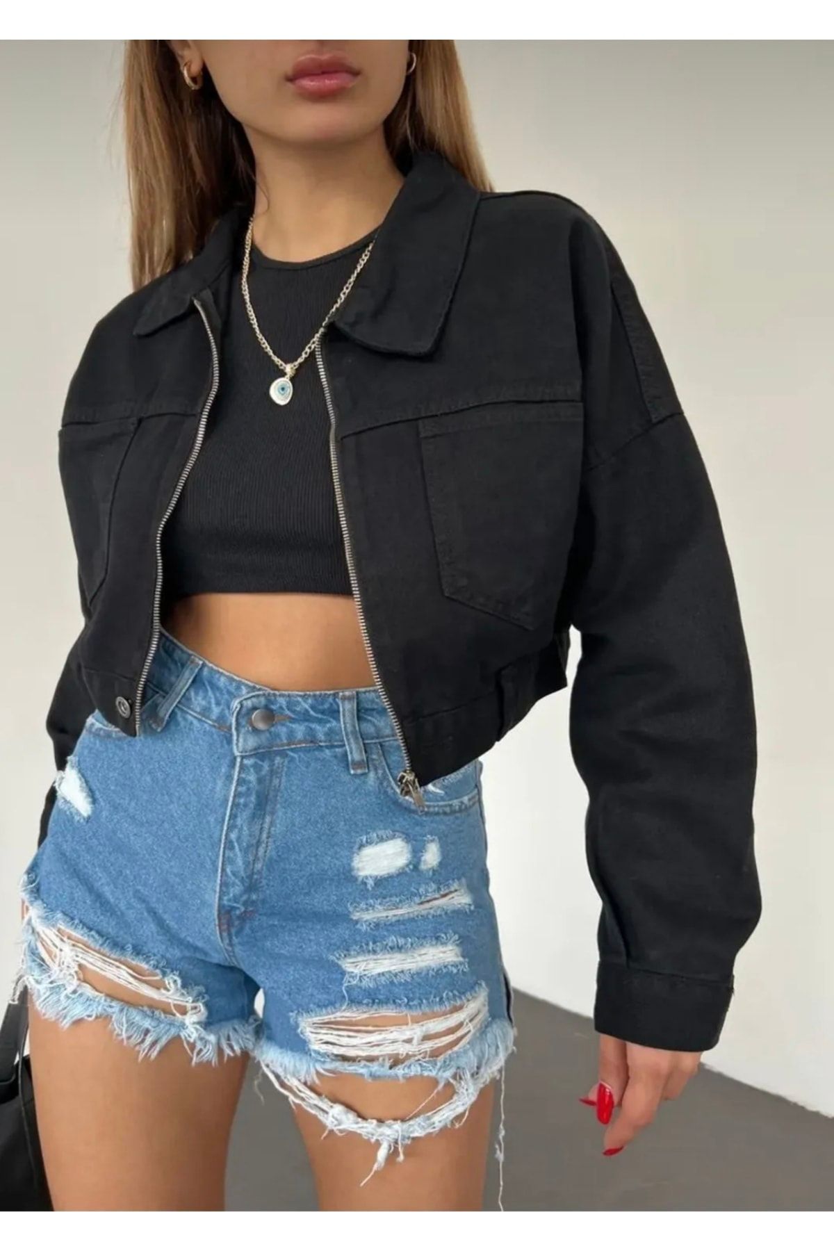Kadınfermuarlı Çift Cepli Denim Ceket—siyah Kadınfermuarlı Çift Cepli Denim Ceket—siyah