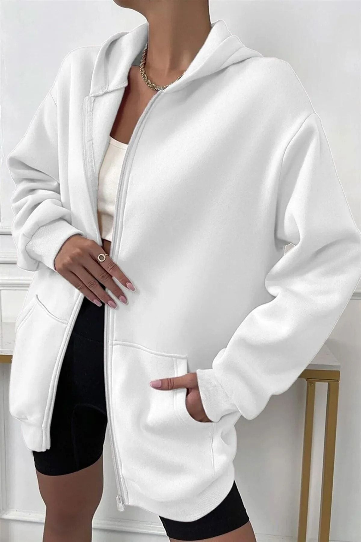 Unisex Beyaz Pamuk Fermuarlı Oversize Hırka Unisex Beyaz Pamuk Fermuarlı Oversize Hırka