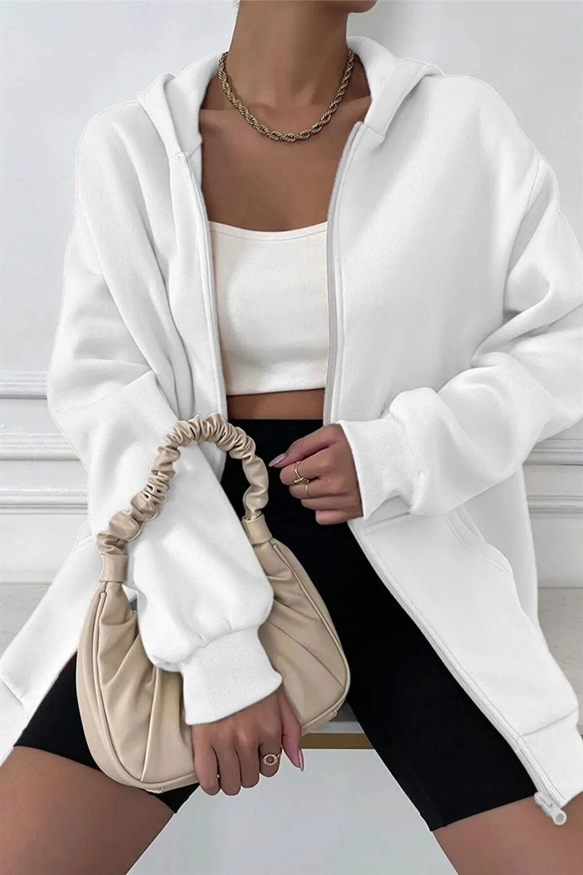 Unisex Beyaz Pamuk Fermuarlı Oversize Hırka Unisex Beyaz Pamuk Fermuarlı Oversize Hırka