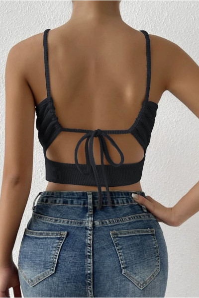 Kadın Siyah Kaşkorse Arkadan Bağlamalı Kemerli Crop Top Bluz Kadın Siyah Kaşkorse Arkadan Bağlamalı Kemerli Crop Top Bluz