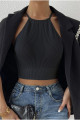 Kadın Siyah Kaşkorse Arkadan Bağlamalı Kemerli Crop Top Bluz Kadın Siyah Kaşkorse Arkadan Bağlamalı Kemerli Crop Top Bluz