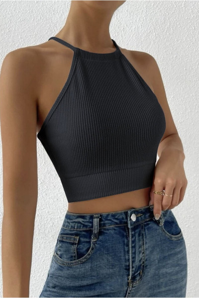 Kadın Siyah Kaşkorse Arkadan Bağlamalı Kemerli Crop Top Bluz Kadın Siyah Kaşkorse Arkadan Bağlamalı Kemerli Crop Top Bluz