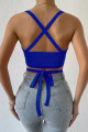 Kadın Saks Mavi Kaşkorse Kumaş Çapraz Askılı Bağlamalı Crop Top Bluz Kadın Saks Mavi Kaşkorse Kumaş Çapraz Askılı Bağlamalı Crop Top Bluz