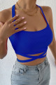 Kadın Saks Mavi Kaşkorse Kumaş Çapraz Askılı Bağlamalı Crop Top Bluz Kadın Saks Mavi Kaşkorse Kumaş Çapraz Askılı Bağlamalı Crop Top Bluz