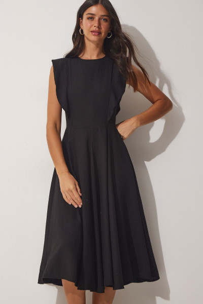 Kadın Siyah Volanlı Yazlık Keten Elbise TO00066 Kadın Siyah Volanlı Yazlık Keten Elbise TO00066