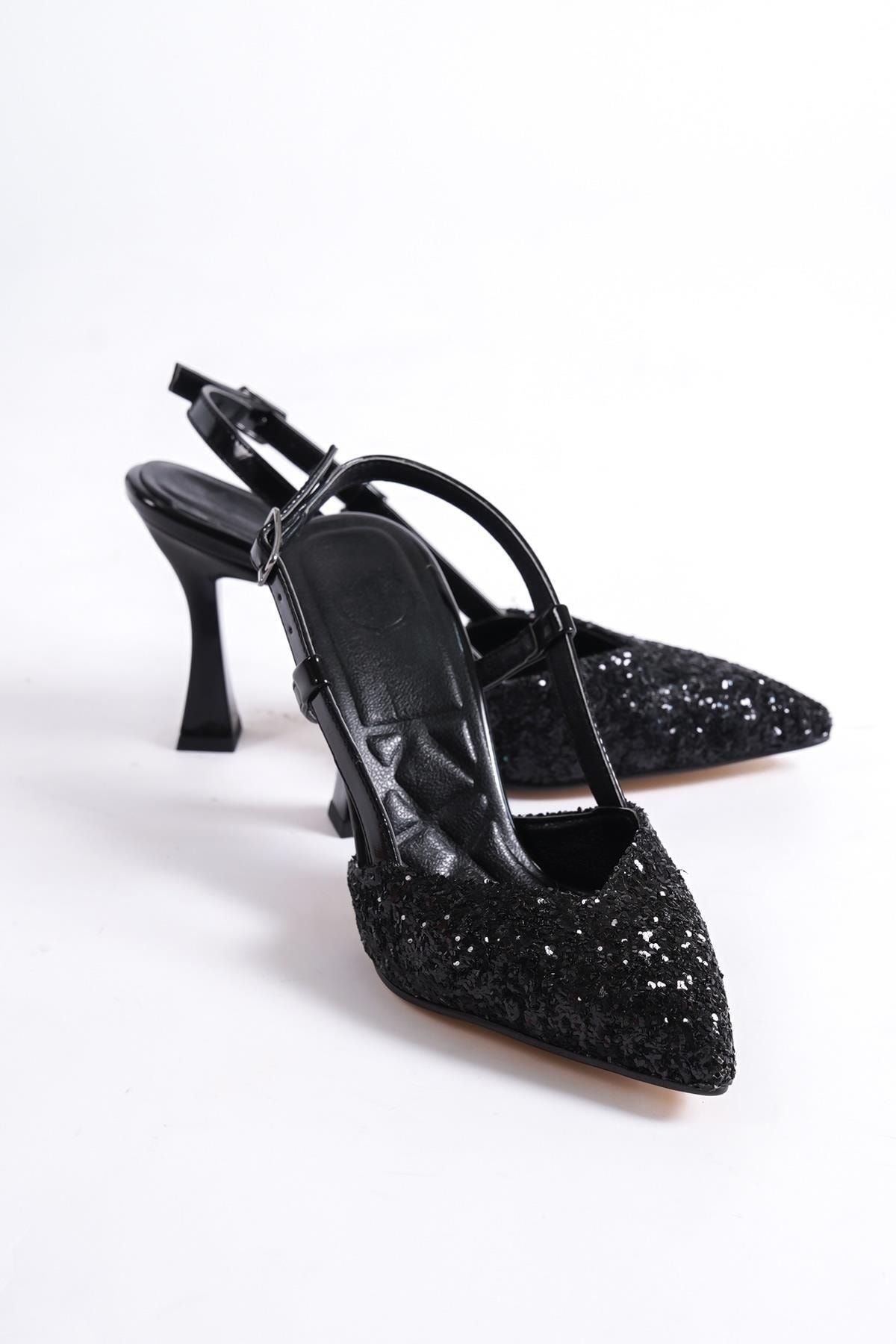 Paris Siyah Cam Kırığı Arkası Açık Stiletto Kadeh Topuklu Abiye Ayakkabı