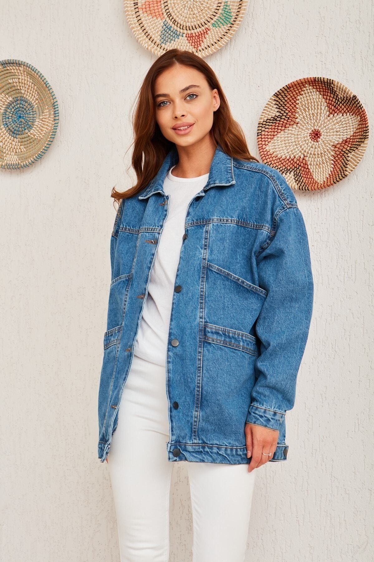 Oversize Vıntage Buz Mavi Cep Detaylı Kot Ceket Oversize Vıntage Buz Mavi Cep Detaylı Kot Ceket
