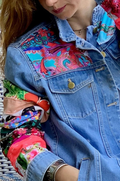Kolları Patchwork Detaylı Kadın Denim Ceket Kolları Patchwork Detaylı Kadın Denim Ceket