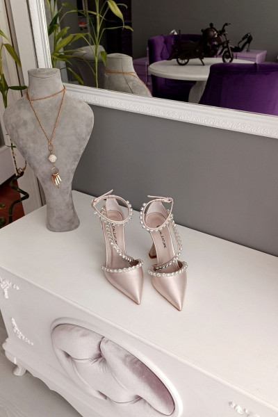 Ten Saten Üç Sıra Taşlı 11cm Şampanya Topuklu Bileği Kemerli Abiye Stiletto Kadın Ayakkabı