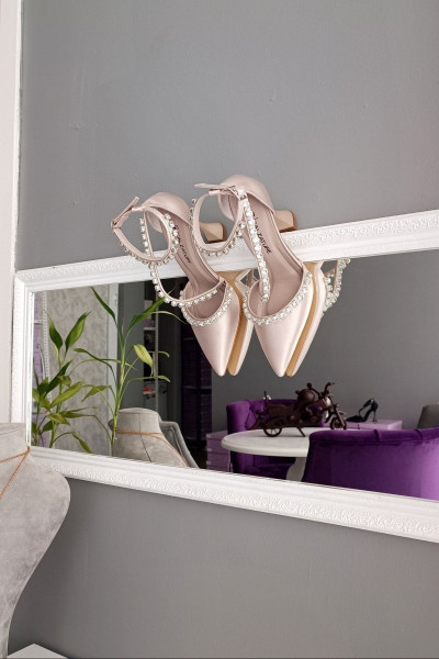 Ten Saten Üç Sıra Taşlı 11cm Şampanya Topuklu Bileği Kemerli Abiye Stiletto Kadın Ayakkabı