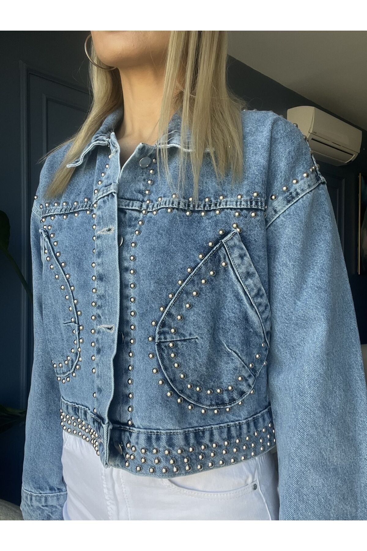 Zımba Detaylı Düğmeli Crop Jean Ceket Mavi-L Zımba Detaylı Düğmeli Crop Jean Ceket Mavi-L