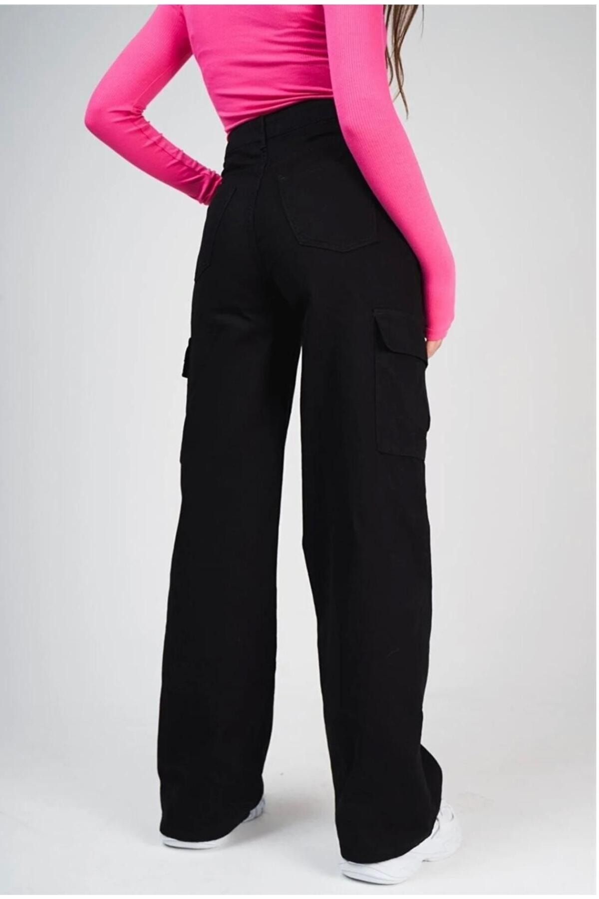 Siyah Kargo Cep Wide Leg Palazzo Kot Pantolon Jean Yüksek Bel Siyah Kargo Cep Wide Leg Palazzo Kot Pantolon Jean Yüksek Bel