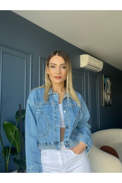 Zımba Detaylı Düğmeli Crop Jean Ceket Mavi-L Zımba Detaylı Düğmeli Crop Jean Ceket Mavi-L