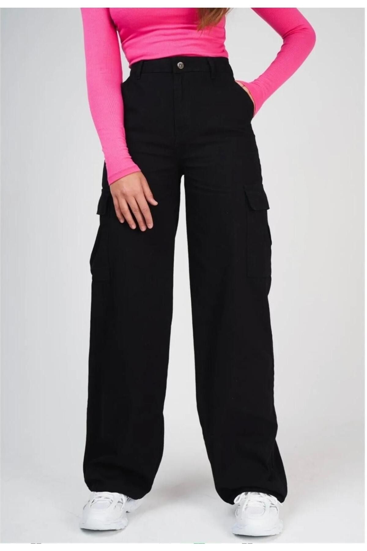 Siyah Kargo Cep Wide Leg Palazzo Kot Pantolon Jean Yüksek Bel Siyah Kargo Cep Wide Leg Palazzo Kot Pantolon Jean Yüksek Bel