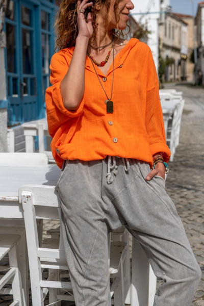 Kadın Turuncu Yıkamalı Keten Fileli Bağlamalı Kapüşonlu Bluz GK-RSD2021 Kadın Turuncu Yıkamalı Keten Fileli Bağlamalı Kapüşonlu Bluz GK-RSD2021