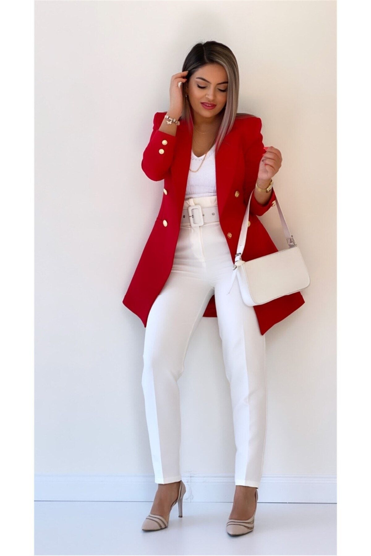 Uzun Gold Düğmeli Blazer Ceket Kırmızı