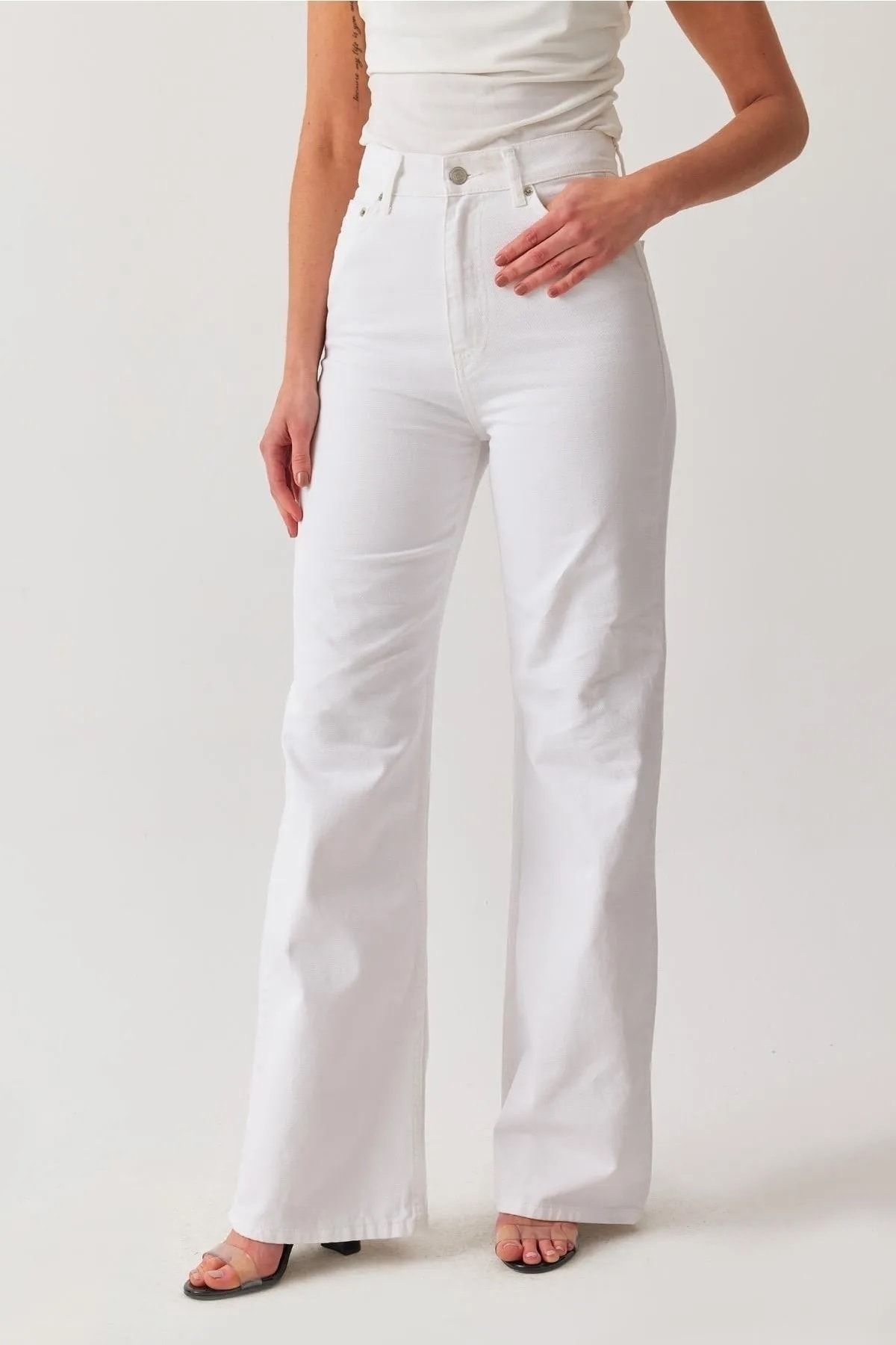 Yüksek Bel Wide Leg Beyaz Palazzo Pantolon Bol Paça Jeans