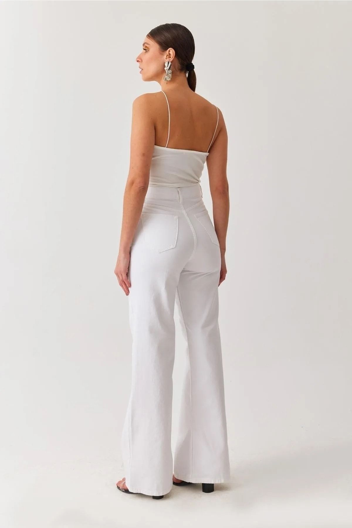 Yüksek Bel Wide Leg Beyaz Palazzo Pantolon Bol Paça Jeans