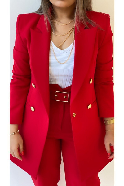 Uzun Gold Düğmeli Blazer Ceket Kırmızı Uzun Gold Düğmeli Blazer Ceket Kırmızı