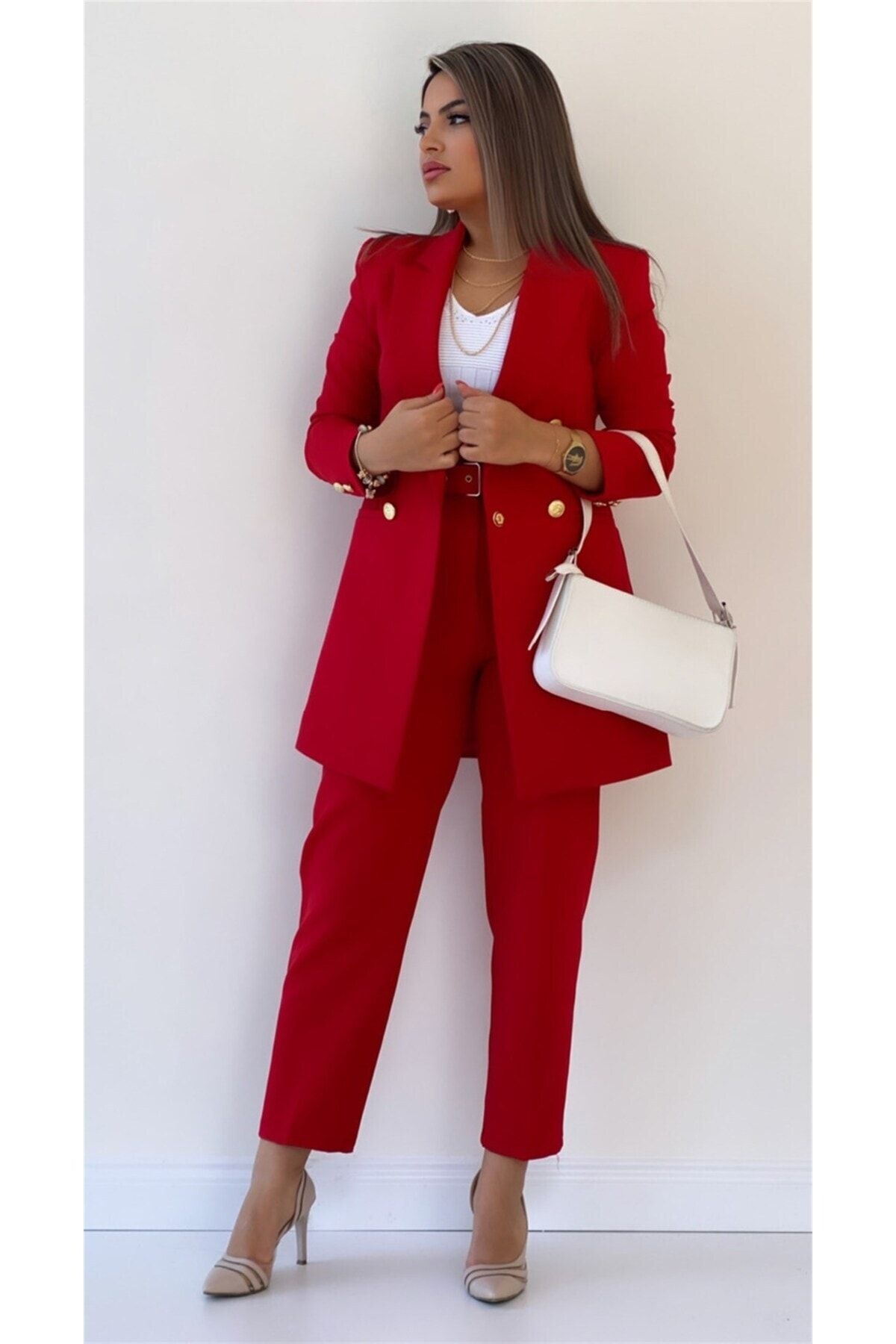 Uzun Gold Düğmeli Blazer Ceket Kırmızı