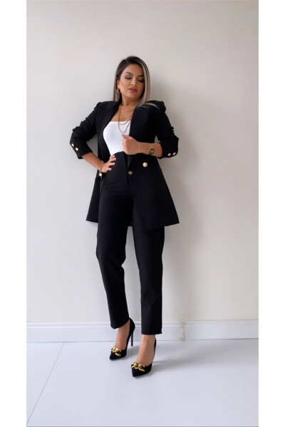 Uzun Gold Düğmeli Blazer Ceket Siyah Uzun Gold Düğmeli Blazer Ceket Siyah