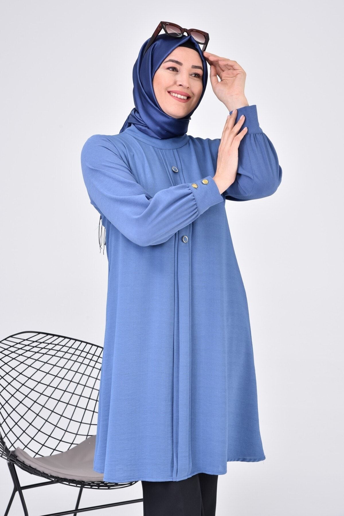Kadin Tesettur Buyuk Beden Uzun Kol Ayrobin Gomlek Tunik Indigo Kadin Tesettur Buyuk Beden Uzun Kol Ayrobin Gomlek Tunik Indigo