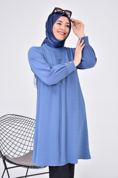 Kadin Tesettur Buyuk Beden Uzun Kol Ayrobin Gomlek Tunik Indigo Kadin Tesettur Buyuk Beden Uzun Kol Ayrobin Gomlek Tunik Indigo