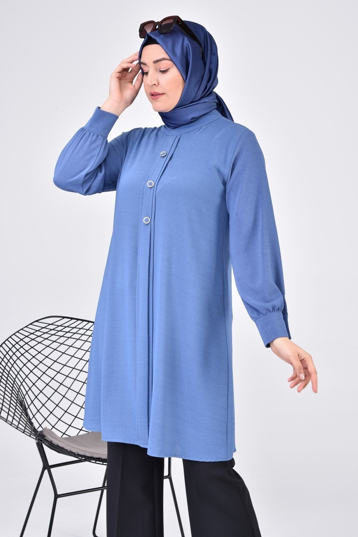 Kadin Tesettur Buyuk Beden Uzun Kol Ayrobin Gomlek Tunik Indigo Kadin Tesettur Buyuk Beden Uzun Kol Ayrobin Gomlek Tunik Indigo
