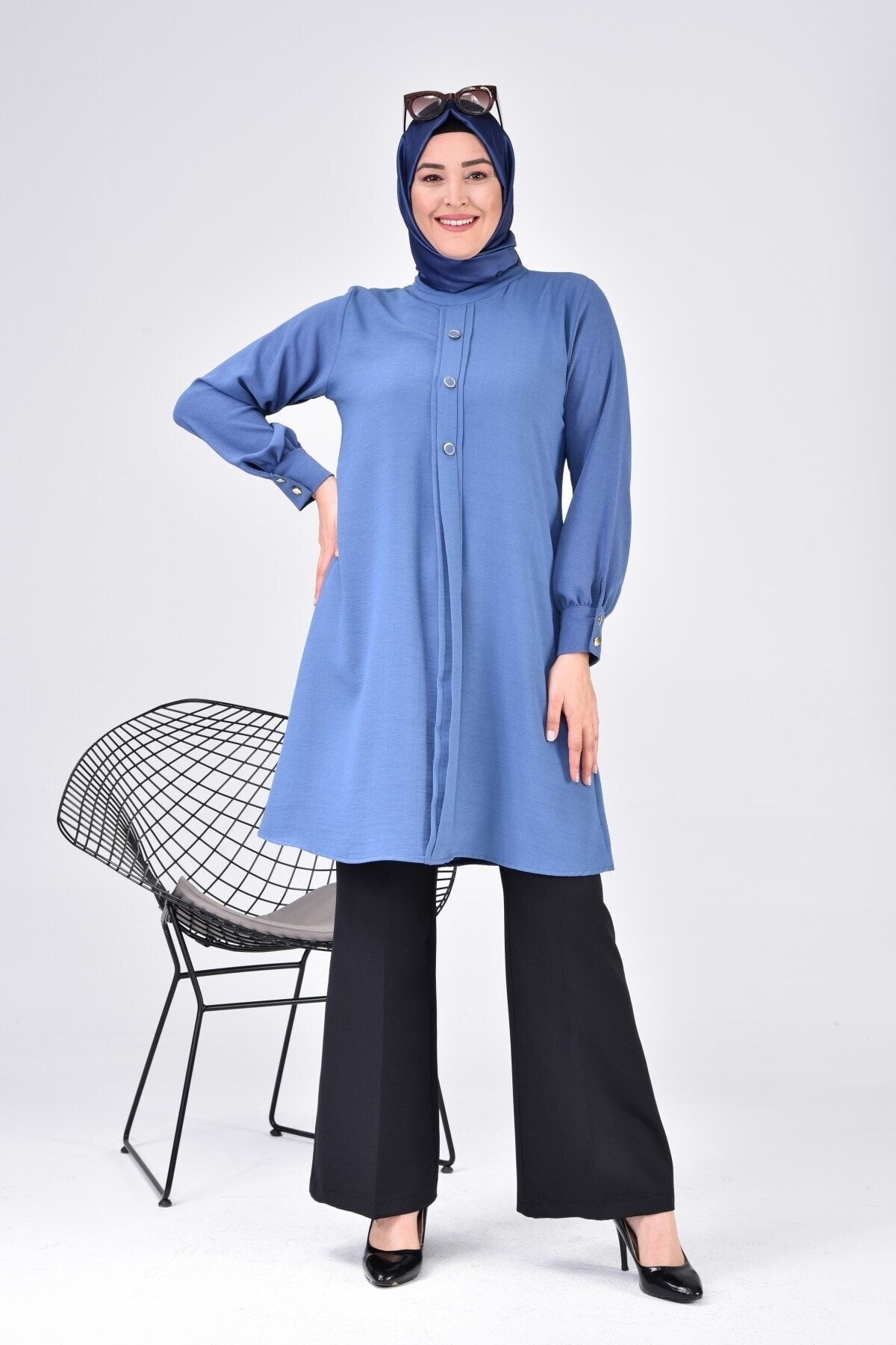 Kadin Tesettur Buyuk Beden Uzun Kol Ayrobin Gomlek Tunik Indigo Kadin Tesettur Buyuk Beden Uzun Kol Ayrobin Gomlek Tunik Indigo