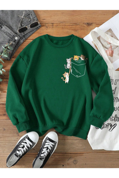 Kadın Yeşil Cat Özel Göğüs Baskılı Oversize Bisiklet Yaka Sweatshirt Kadın Yeşil Cat Özel Göğüs Baskılı Oversize Bisiklet Yaka Sweatshirt