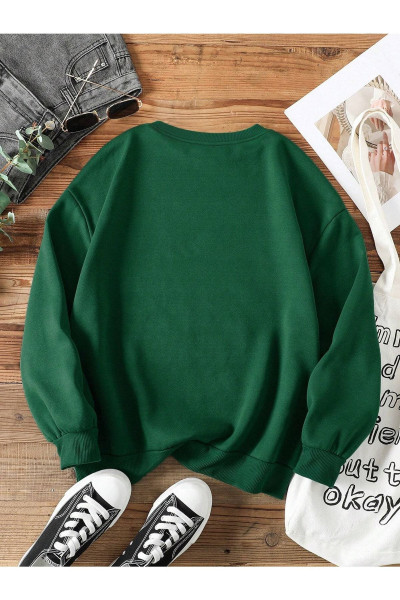 Kadın Yeşil Cat Özel Göğüs Baskılı Oversize Bisiklet Yaka Sweatshirt Kadın Yeşil Cat Özel Göğüs Baskılı Oversize Bisiklet Yaka Sweatshirt