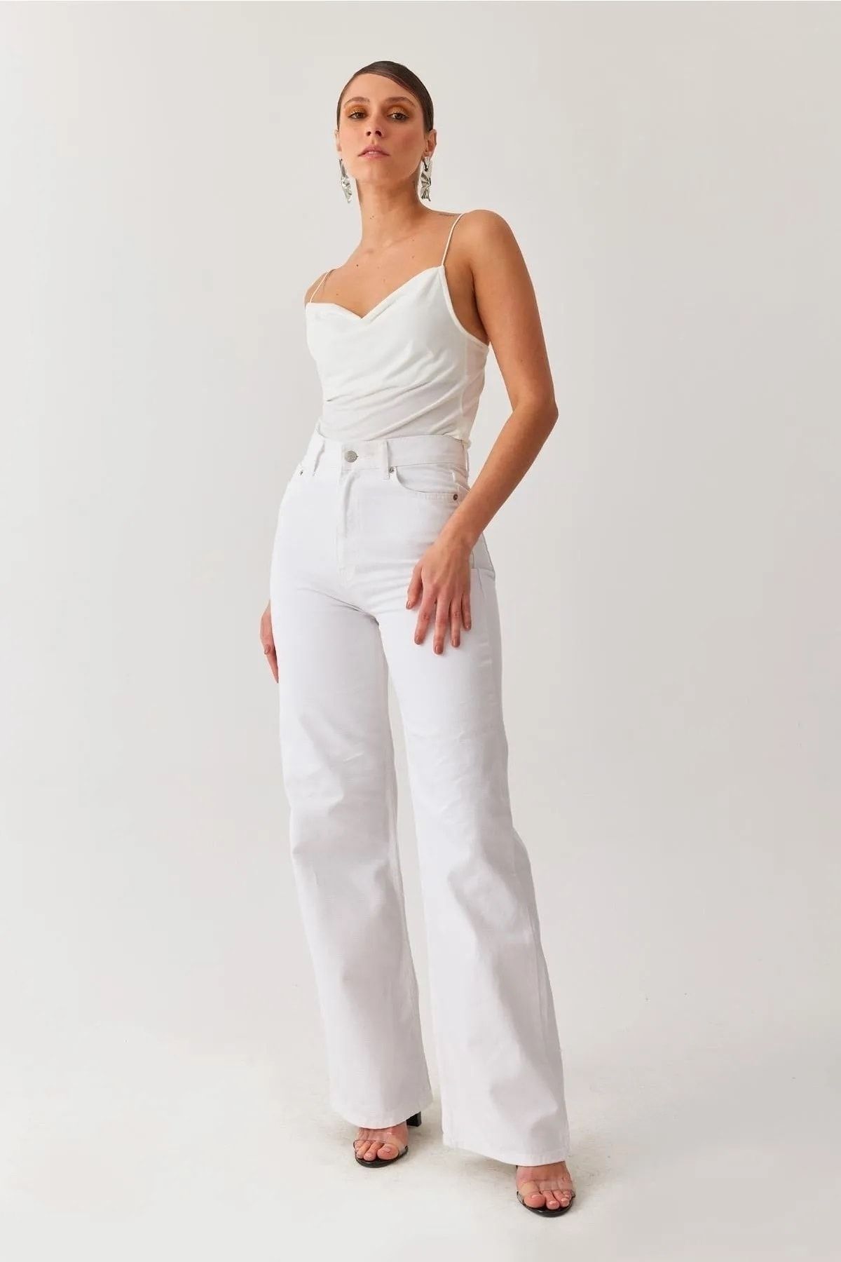 Yüksek Bel Wide Leg Beyaz Palazzo Pantolon Bol Paça Jeans