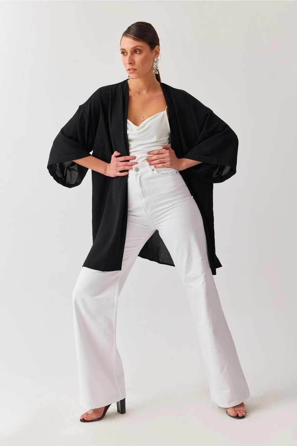 Yüksek Bel Wide Leg Beyaz Palazzo Pantolon Bol Paça Jeans