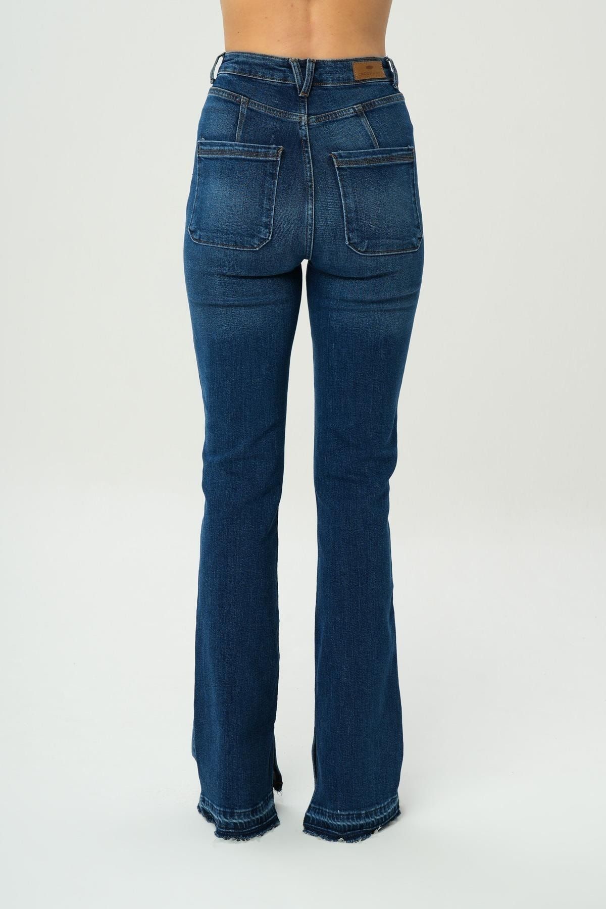 Koyu Mavi Yüksek Bel Paçası Kesikli Flare Jean Pantolon C 4528-030 Koyu Mavi Yüksek Bel Paçası Kesikli Flare Jean Pantolon C 4528-030