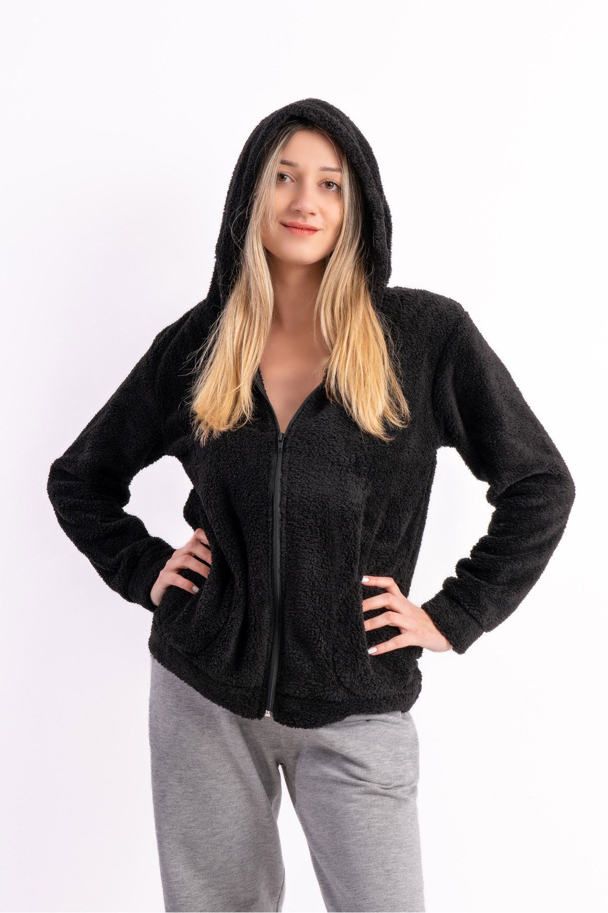 Unisex Kapüşonlu Polar Welsoft Peluş Siyah Ceket Unisex Kapüşonlu Polar Welsoft Peluş Siyah Ceket