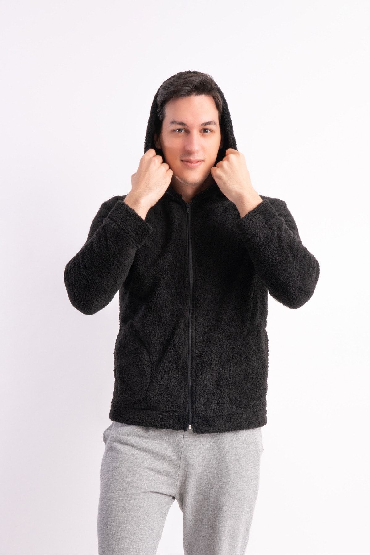Unisex Kapüşonlu Polar Welsoft Peluş Siyah Ceket Unisex Kapüşonlu Polar Welsoft Peluş Siyah Ceket