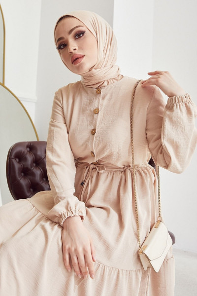 Pamela Düğmeli Ayrobin Tesettür Elbise - Bej Pamela Düğmeli Ayrobin Tesettür Elbise - Bej