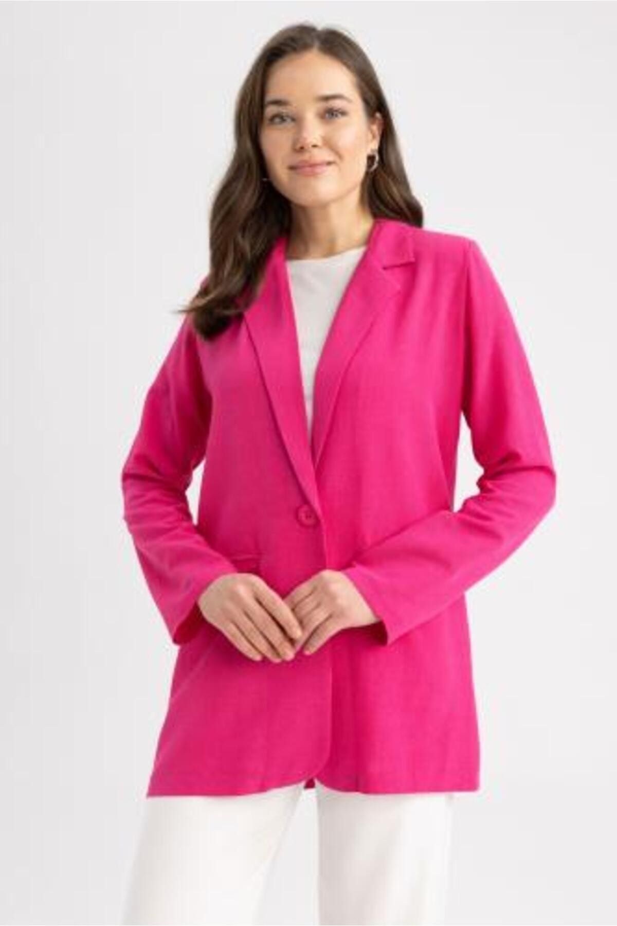Regular Fit Bisiklet Yaka Keten Karışımlı Blazer Regular Fit Bisiklet Yaka Keten Karışımlı Blazer