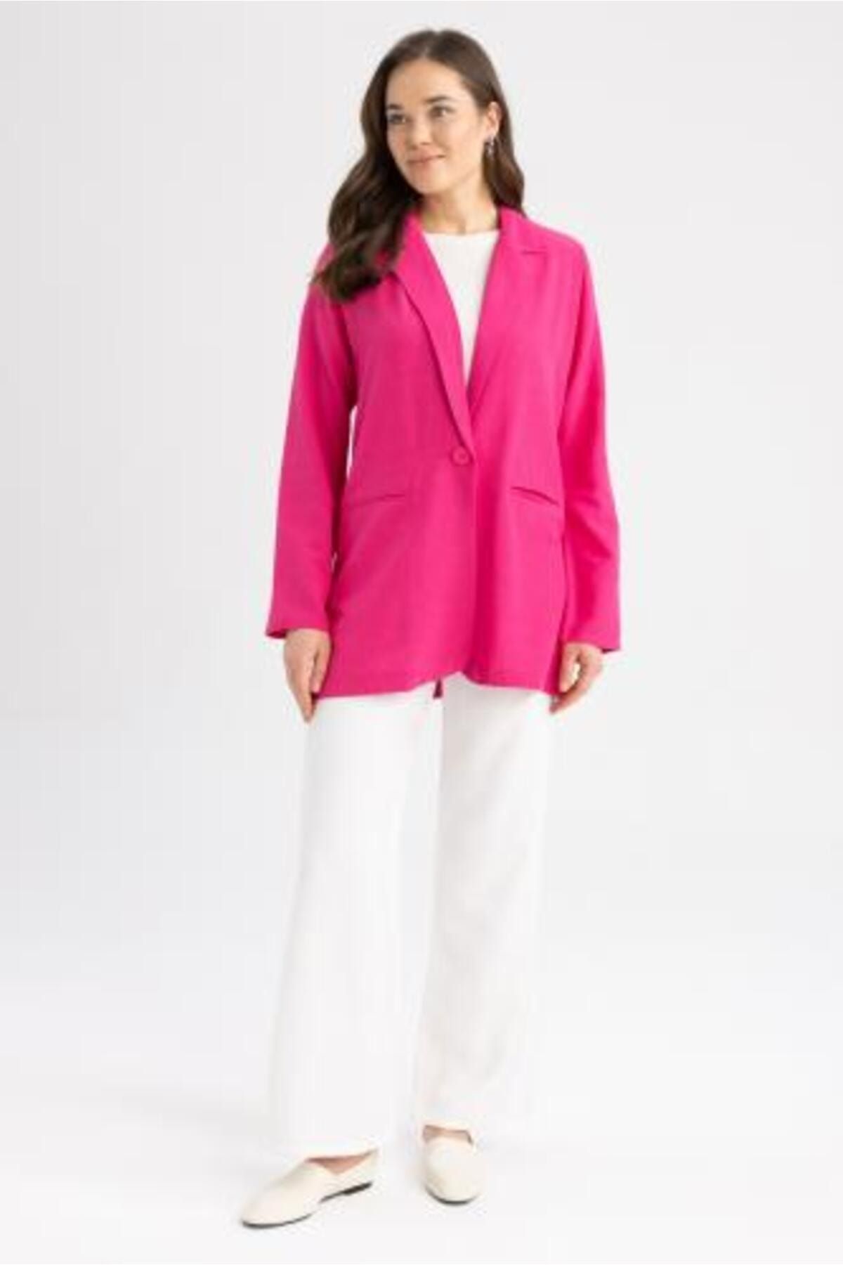 Regular Fit Bisiklet Yaka Keten Karışımlı Blazer Regular Fit Bisiklet Yaka Keten Karışımlı Blazer