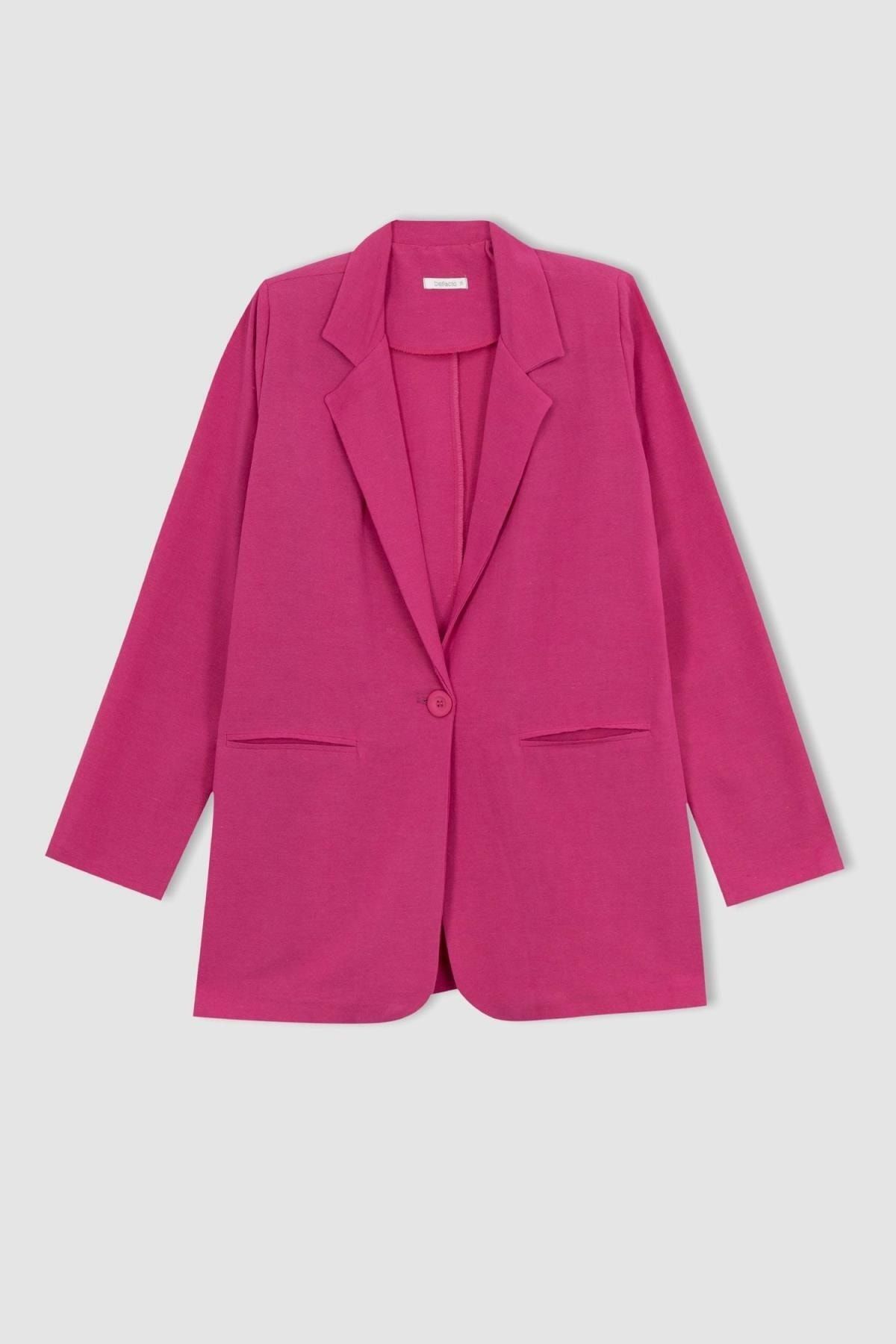 Regular Fit Bisiklet Yaka Keten Karışımlı Blazer Regular Fit Bisiklet Yaka Keten Karışımlı Blazer