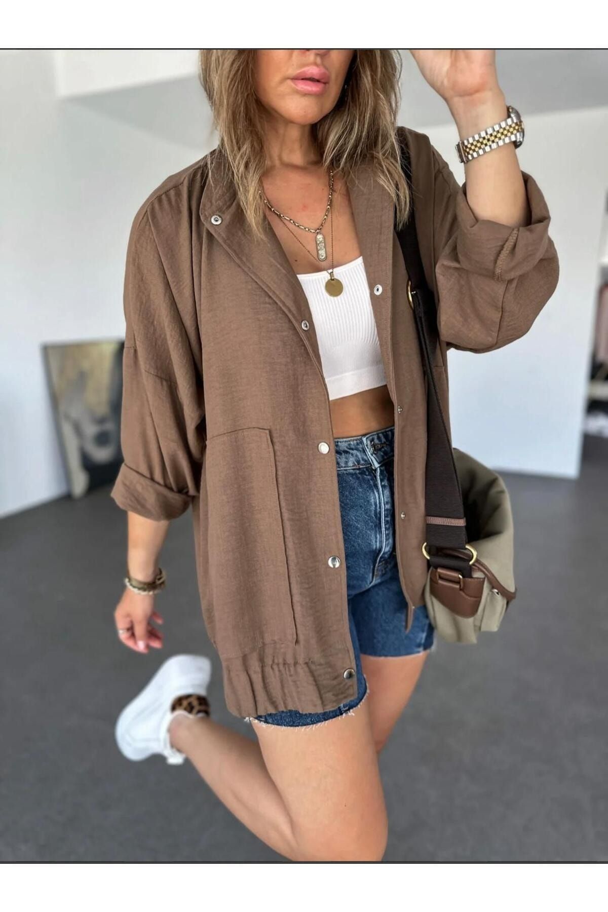 Keten Görünümlü Düşük Kol Basen Boy Bomber Uzun Ceket Keten Görünümlü Düşük Kol Basen Boy Bomber Uzun Ceket