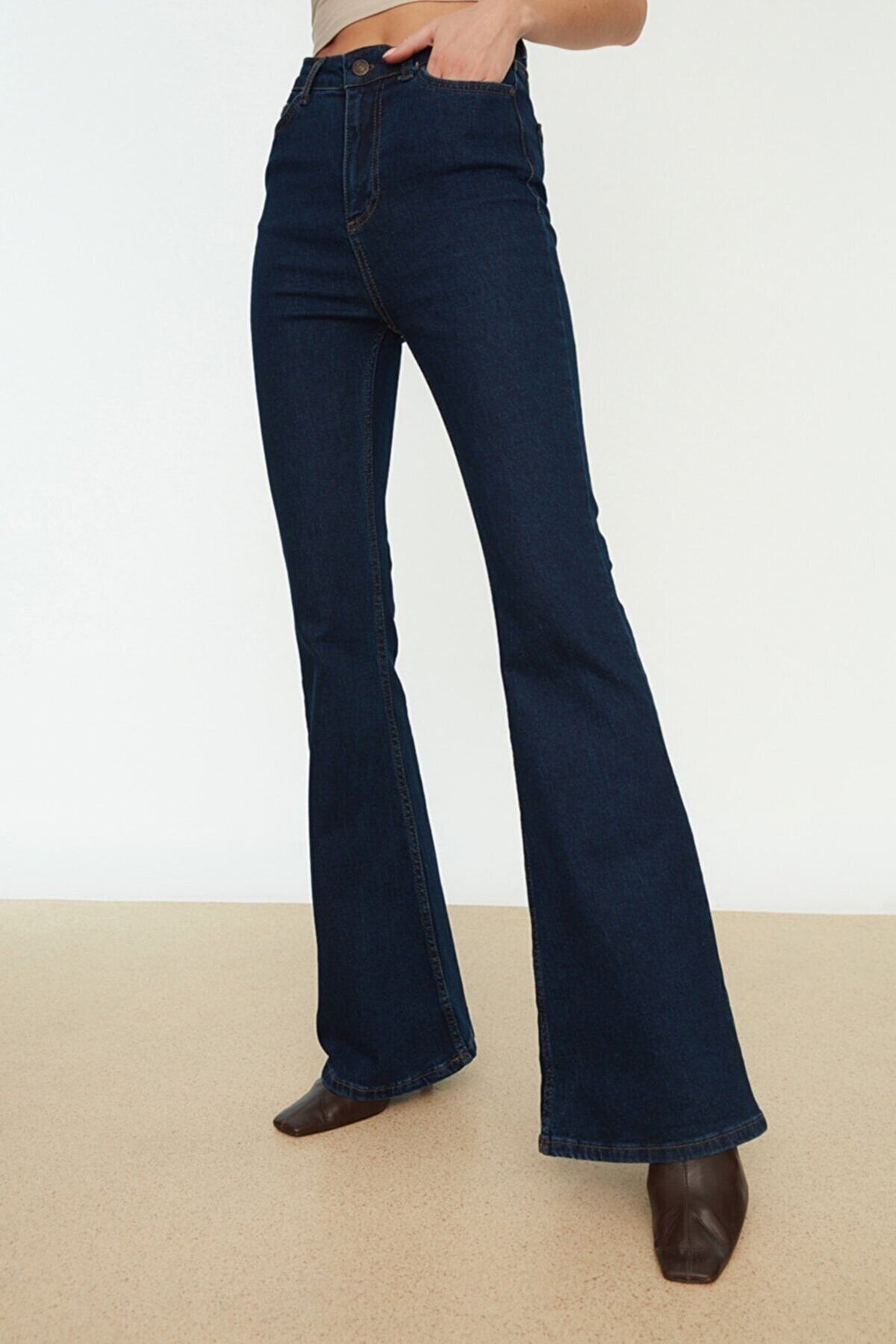 Koyu Mavi Ispanyol Paça Jeans Yüksek Bel Power Likra Kot Pantolon Koyu Mavi Ispanyol Paça Jeans Yüksek Bel Power Likra Kot Pantolon