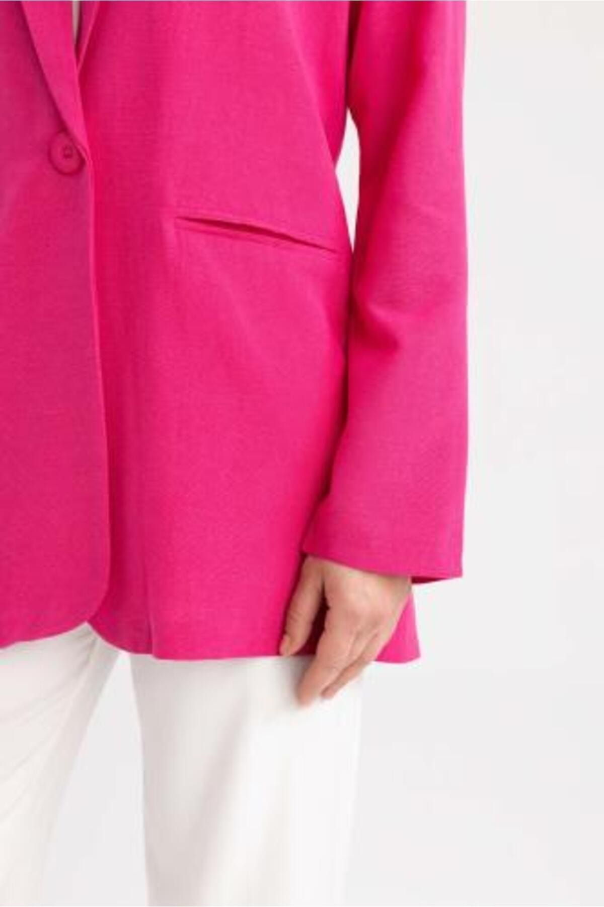 Regular Fit Bisiklet Yaka Keten Karışımlı Blazer Regular Fit Bisiklet Yaka Keten Karışımlı Blazer