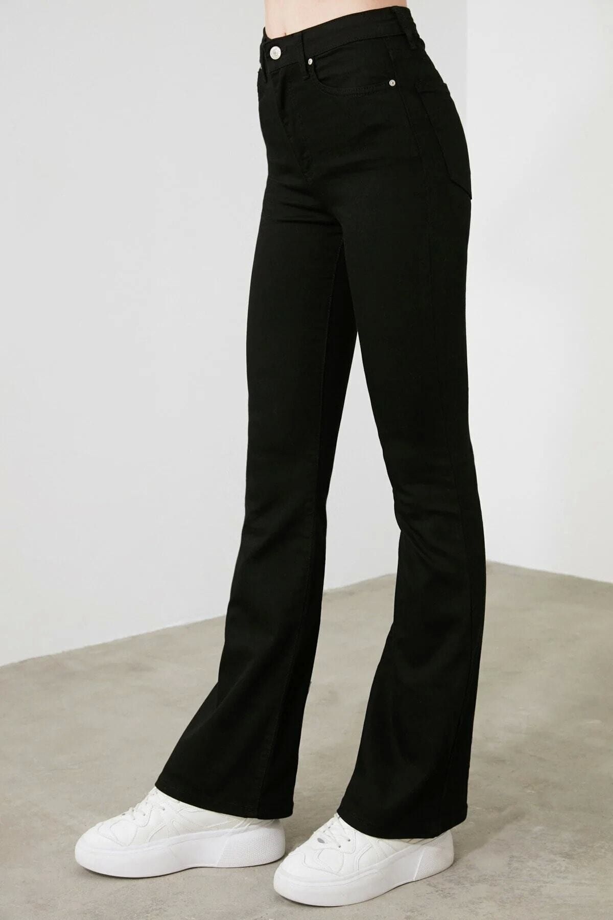 Siyah Yüksek Bel Flare Jeans Renk Solmayan Ispanyol Paça Kot Pantolon Siyah Yüksek Bel Flare Jeans Renk Solmayan Ispanyol Paça Kot Pantolon