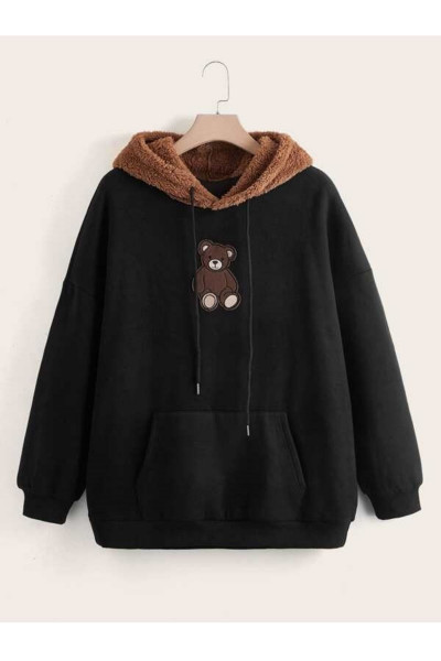 Unisex Peluş Kahverengi Kapüşonlu Teddy Baskılı Siyah Oversize Sweatshirt Unisex Peluş Kahverengi Kapüşonlu Teddy Baskılı Siyah Oversize Sweatshirt